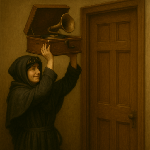 JB plays phonograph for Lady Freyla