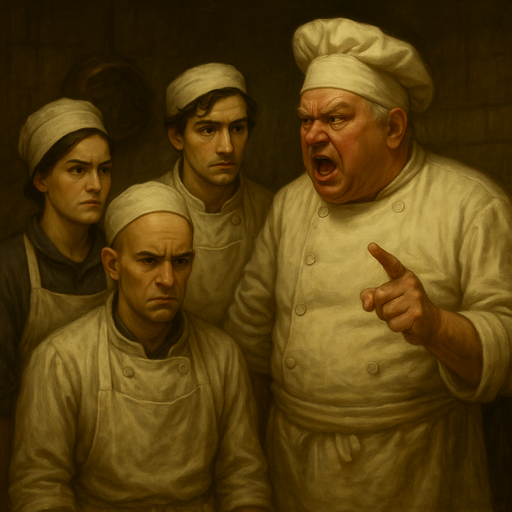 Head chef yelling at Echo, Jackal, and JB in the kitchen