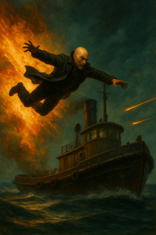 Jackal leaps away from the final blast onto the boat