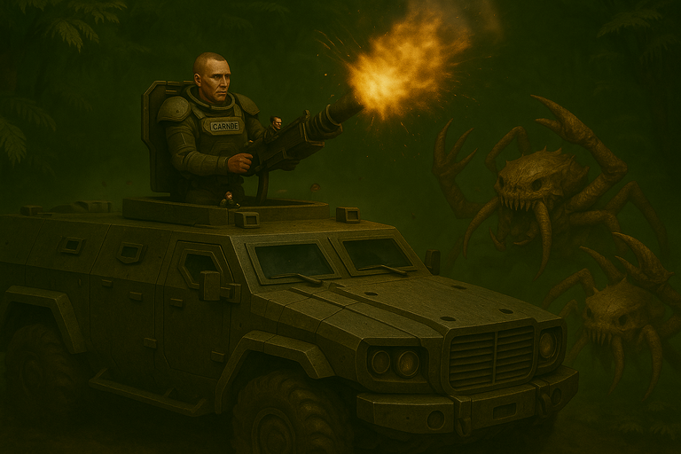 Carnoc fires the APC mortar at the creature in the Greta Base garage