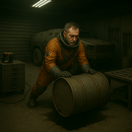 Dex rolls a fuel barrel into the hole