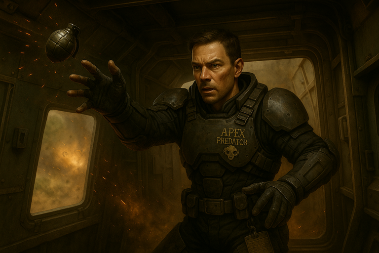 Murderbot throws a grag grenade out the back of the APC
