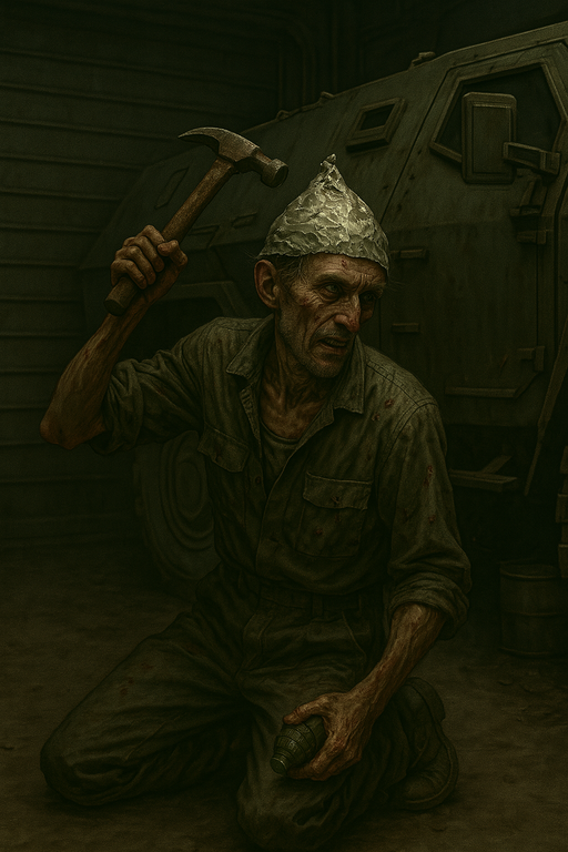 Man with tinfoil hat and armed grenade