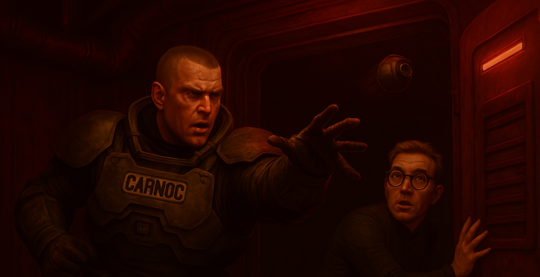 Carnoc throws a grenade, with Zeke ready to close the door