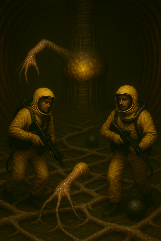 Room with alien arm and 2 metallic nodules in the floor